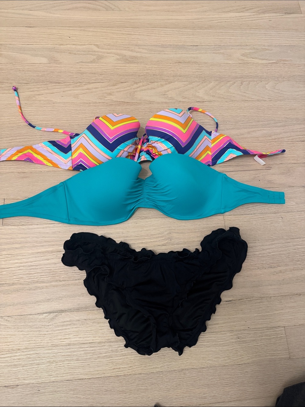 Victoria's Secret Multicolor Chevron & Teal Bikini Set with Black Ruffle Bottom